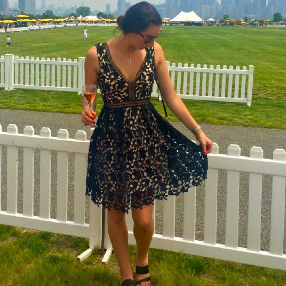 Wedding Guest Special Occassion Dress with Eyelet Detail - Black and Tan - S